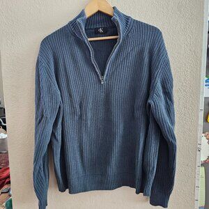 Calvin Klein Men's 1/4 Zip Mock Neck Cotton Knitted Sweater (Denim Blue)